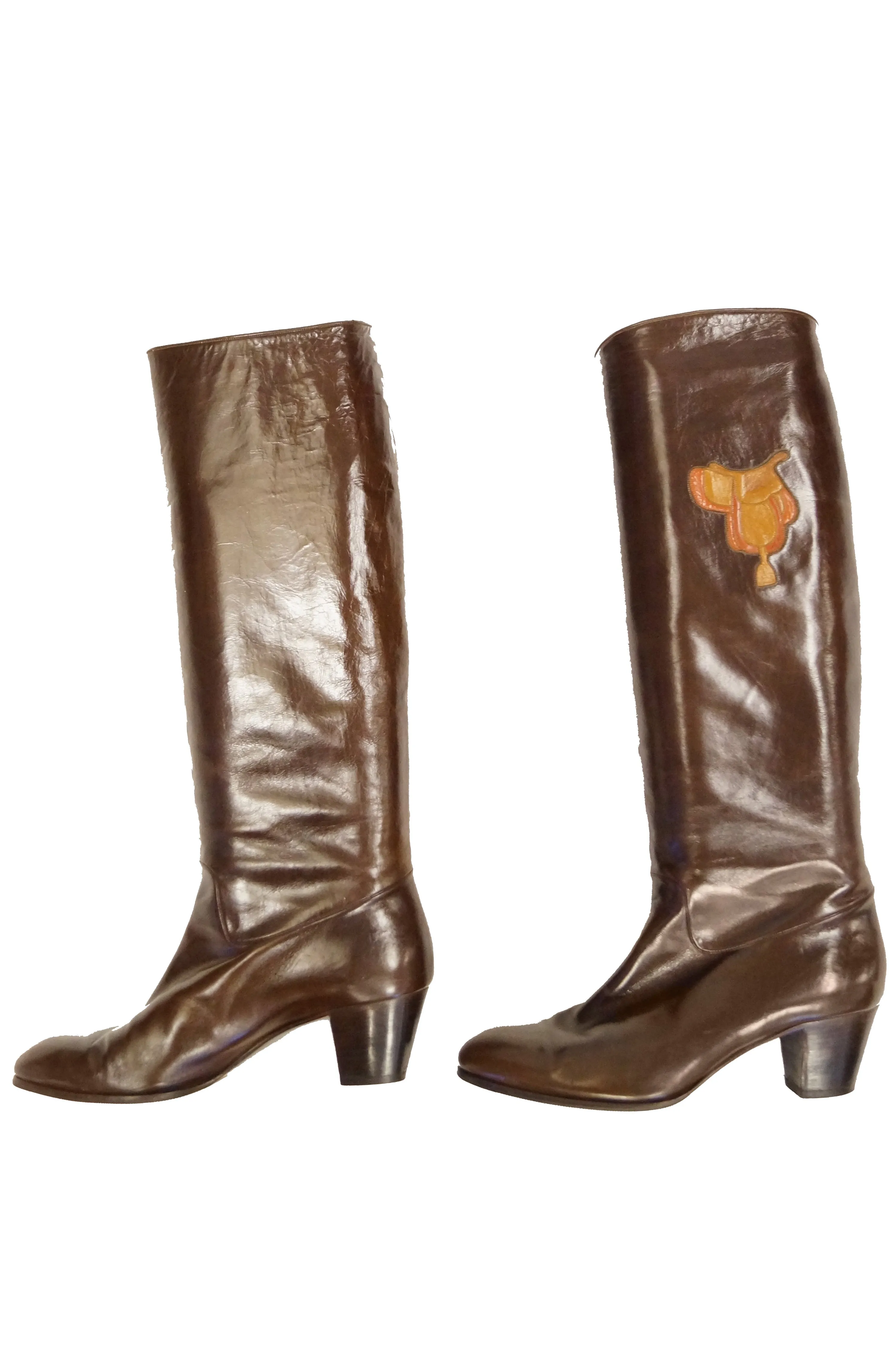 1980s Gucci Mahogany Leather Saddle Applique Boots