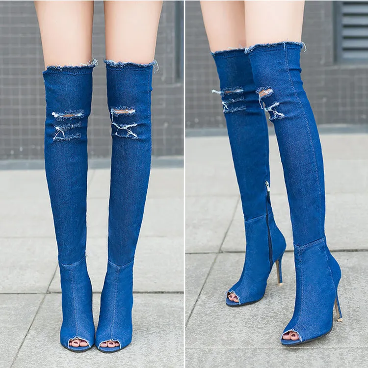 Denim Peep Toe High Heel Shoes