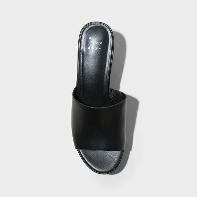 New - A New Day Women's Chunky Block High Heel Slip On Mule Sandals Leather Wide Width