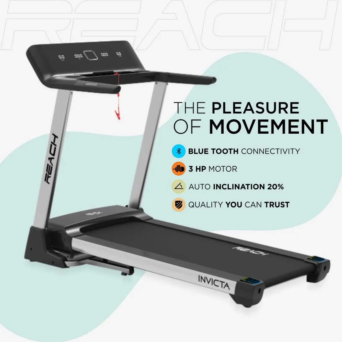 Reach INVT 6 HP Peak Motorized Treadmill | Max Speed 18 km/hr | Foldable Treadmill with Automatic Incline | Fitness Machine for Home Gym with LCD Display & Bluetooth | Max User Weight 130kg