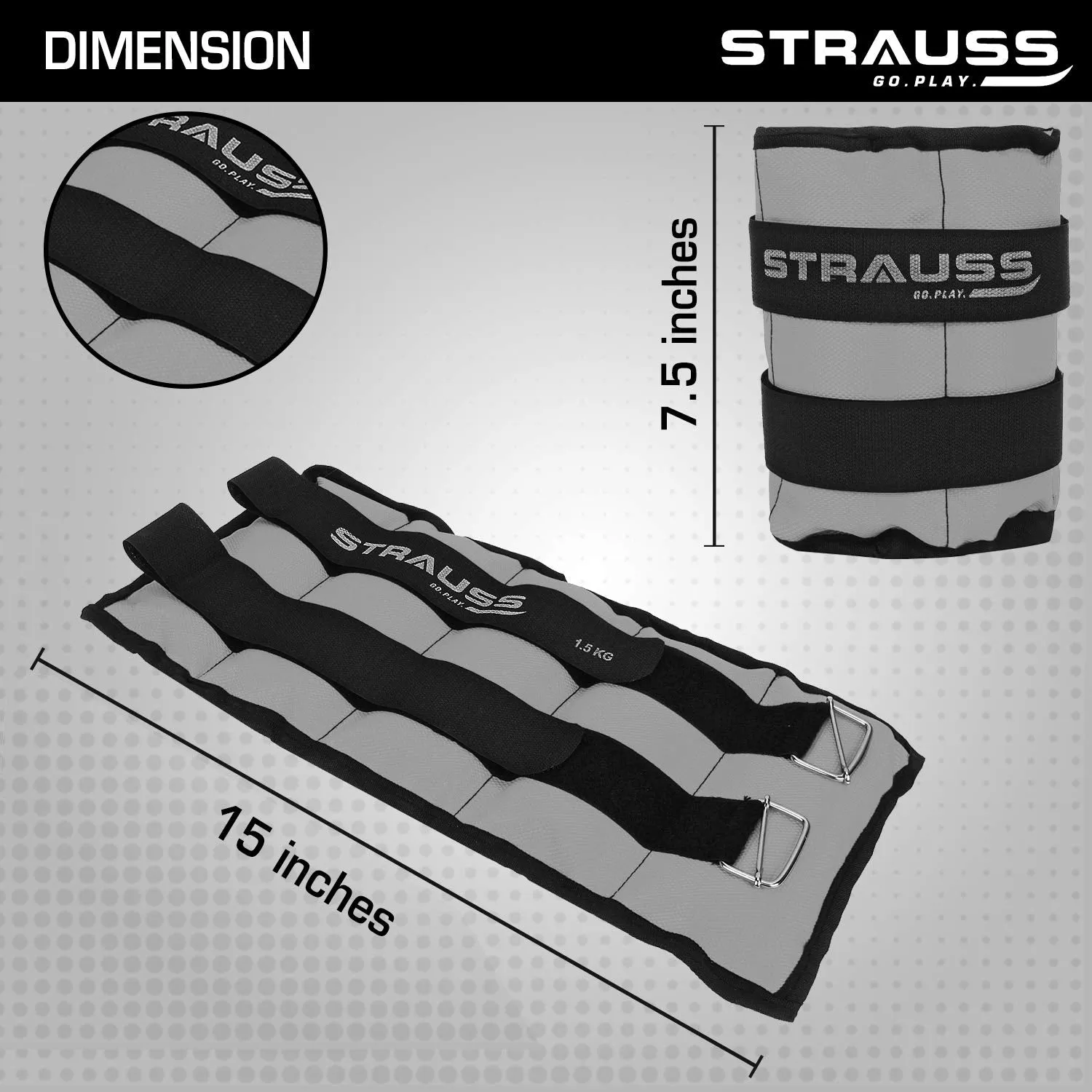 Strauss Adjustable Ankle/Wrist Weights 1.5 KG X 2 | Ideal for Walking, Running, Jogging, Cycling, Gym, Workout & Strength Training | Easy to Use on Ankle, Wrist, Leg, (Grey)