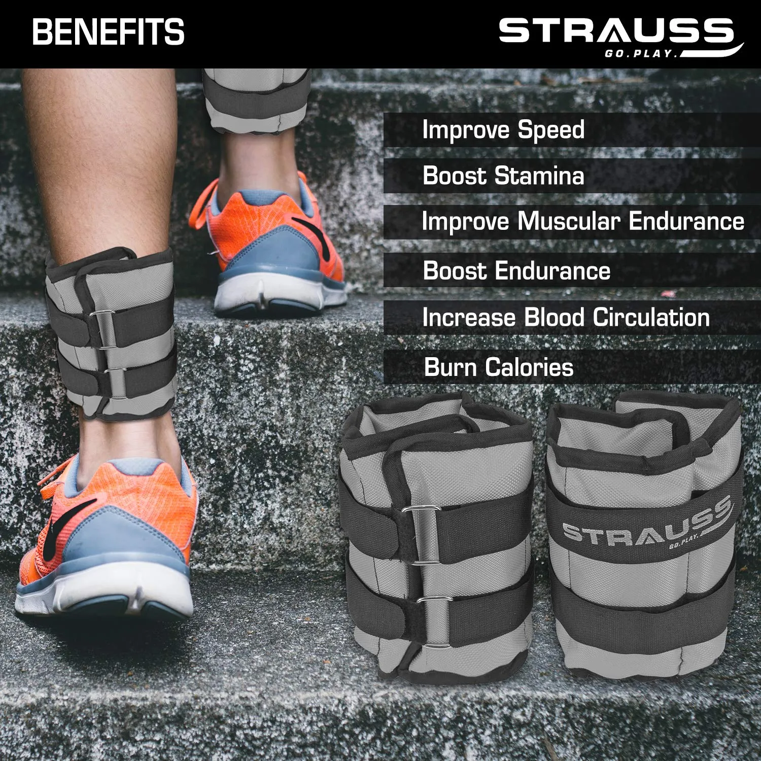 Strauss Adjustable Ankle/Wrist Weights 1.5 KG X 2 | Ideal for Walking, Running, Jogging, Cycling, Gym, Workout & Strength Training | Easy to Use on Ankle, Wrist, Leg, (Grey)