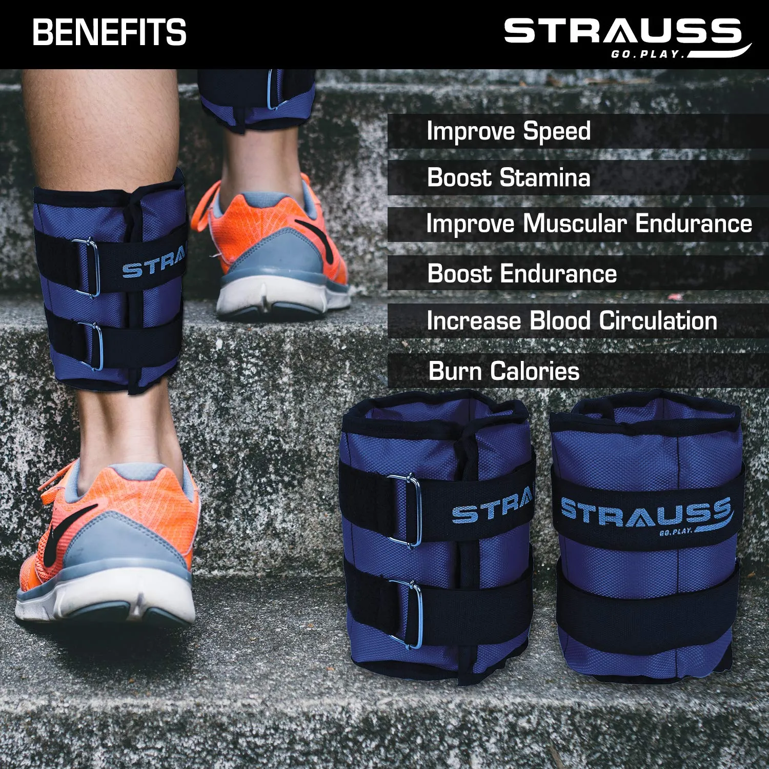 Strauss Adjustable Ankle/Wrist Weights (2 KG Each, Blue) - Ideal for Walking, Running, Jogging, Cycling, Gym Workouts & Strength Training | Easy Application on Ankles, Wrists, and Legs