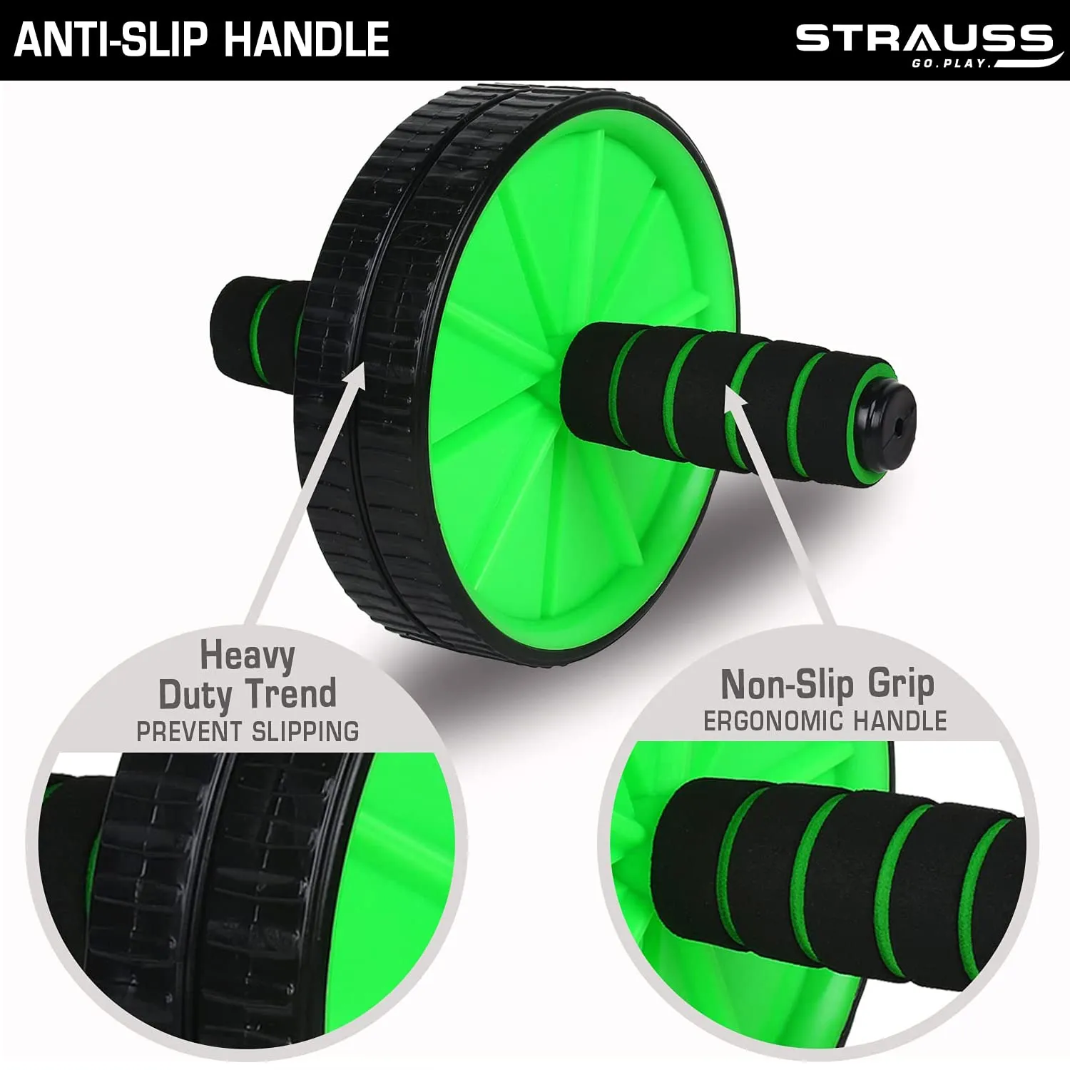 Strauss Double Wheel Ab & Exercise Roller | Anti-Skid Wheel Base, Non-Slip Stainless Steel Handles & Knee Mat | Ideal for Home, Gym workout for Abs, Tummy, (Green)