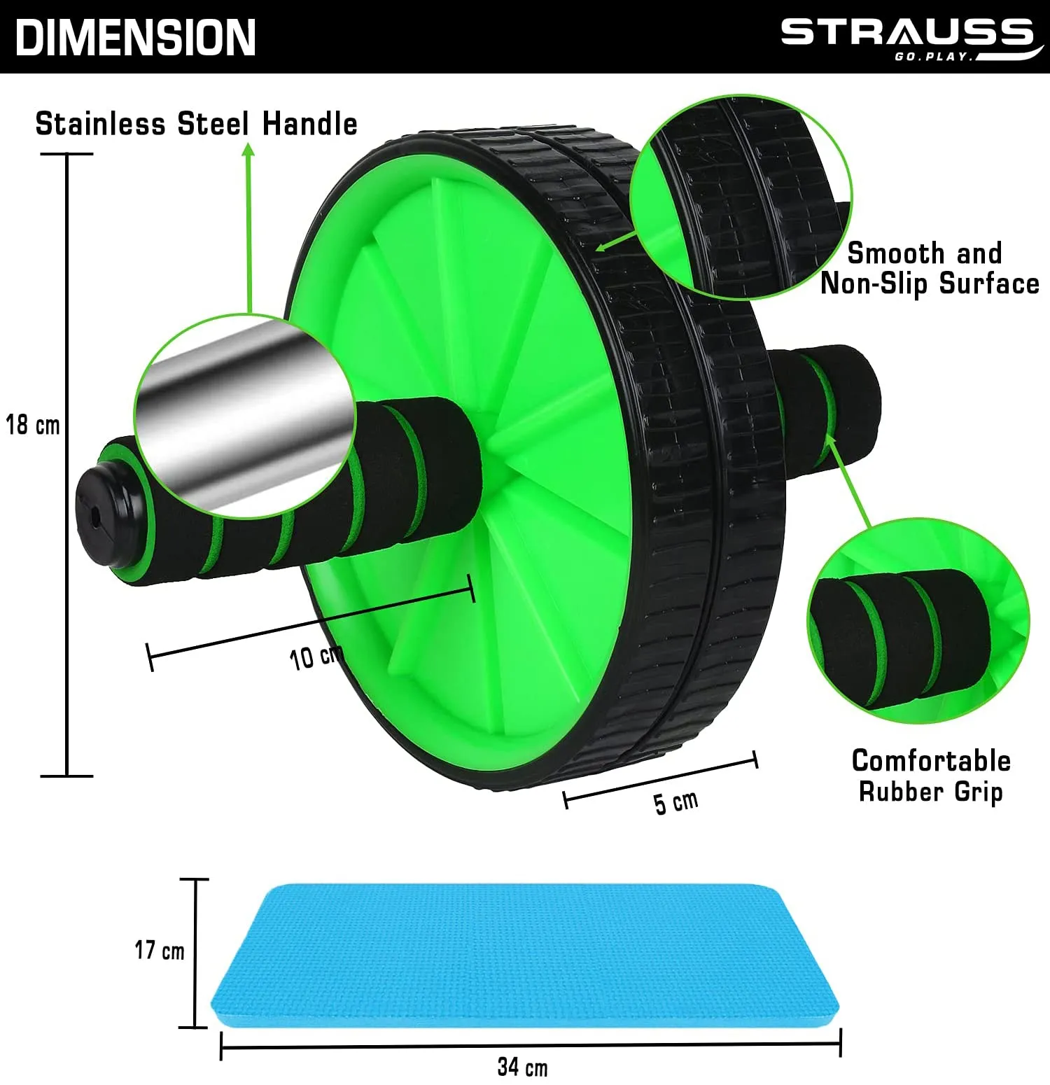 Strauss Double Wheel Ab & Exercise Roller | Anti-Skid Wheel Base, Non-Slip Stainless Steel Handles & Knee Mat | Ideal for Home, Gym workout for Abs, Tummy, (Green)