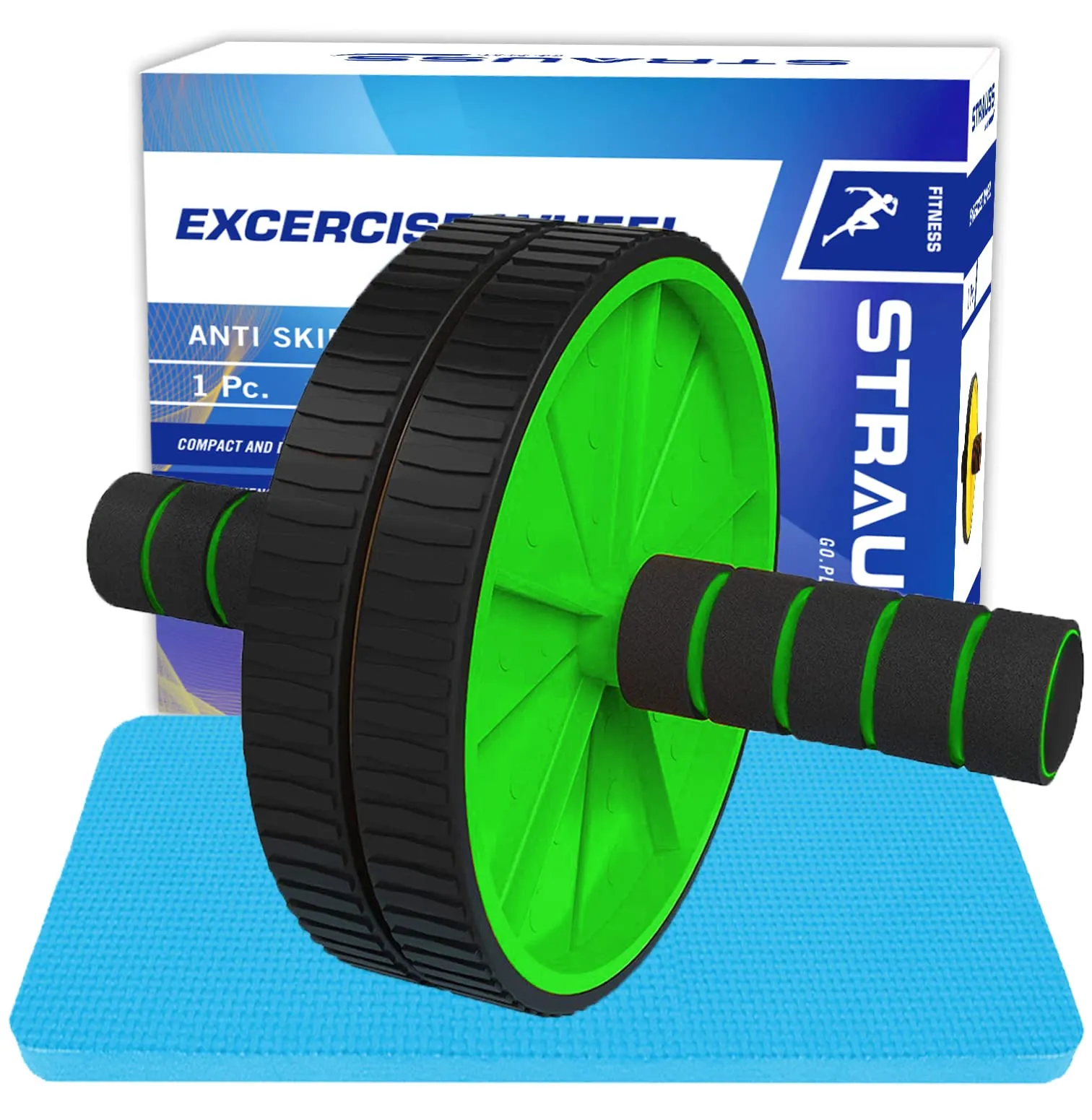 Strauss Double Wheel Ab & Exercise Roller | Anti-Skid Wheel Base, Non-Slip Stainless Steel Handles & Knee Mat | Ideal for Home, Gym workout for Abs, Tummy, (Green)