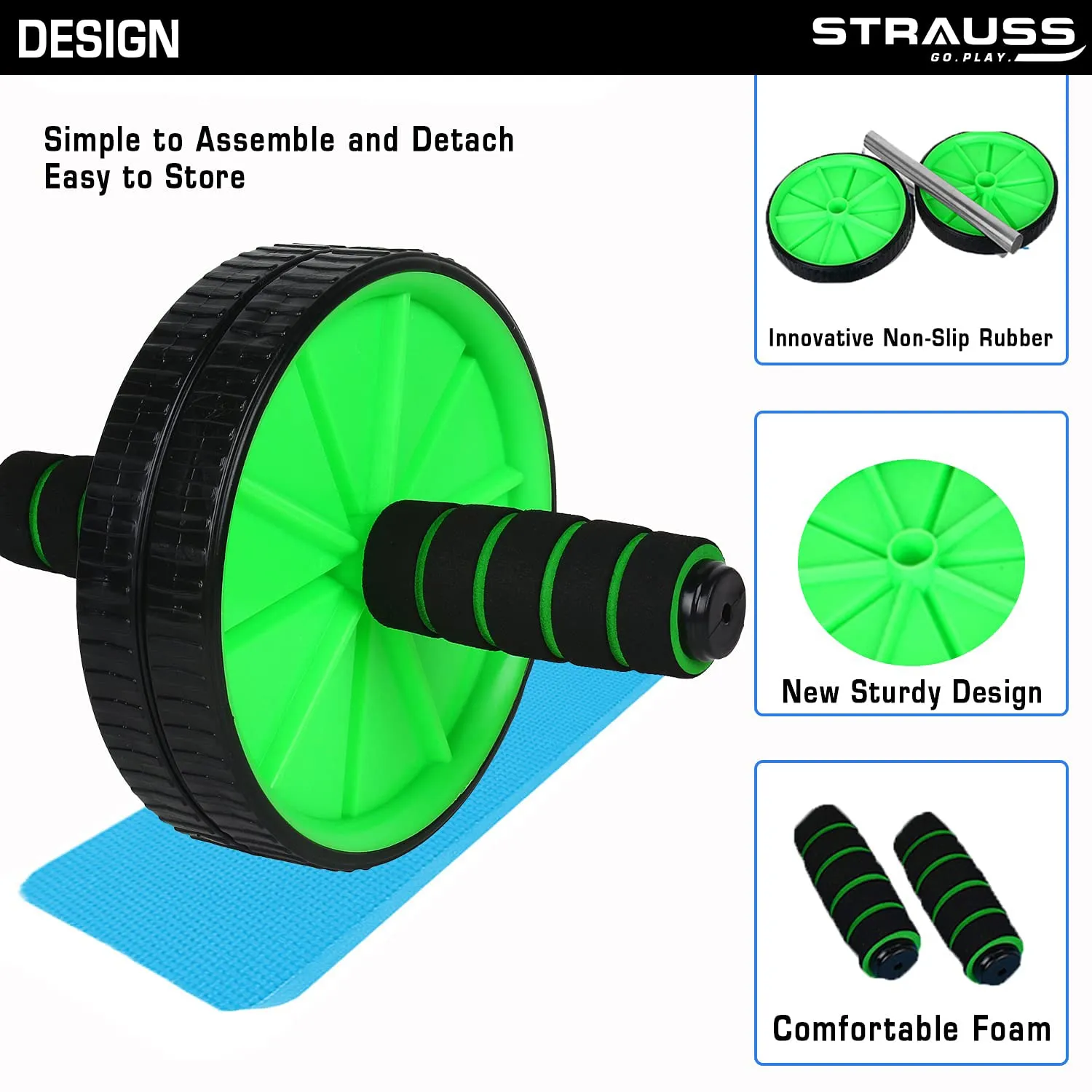 Strauss Double Wheel Ab & Exercise Roller | Anti-Skid Wheel Base, Non-Slip Stainless Steel Handles & Knee Mat | Ideal for Home, Gym workout for Abs, Tummy, (Green)