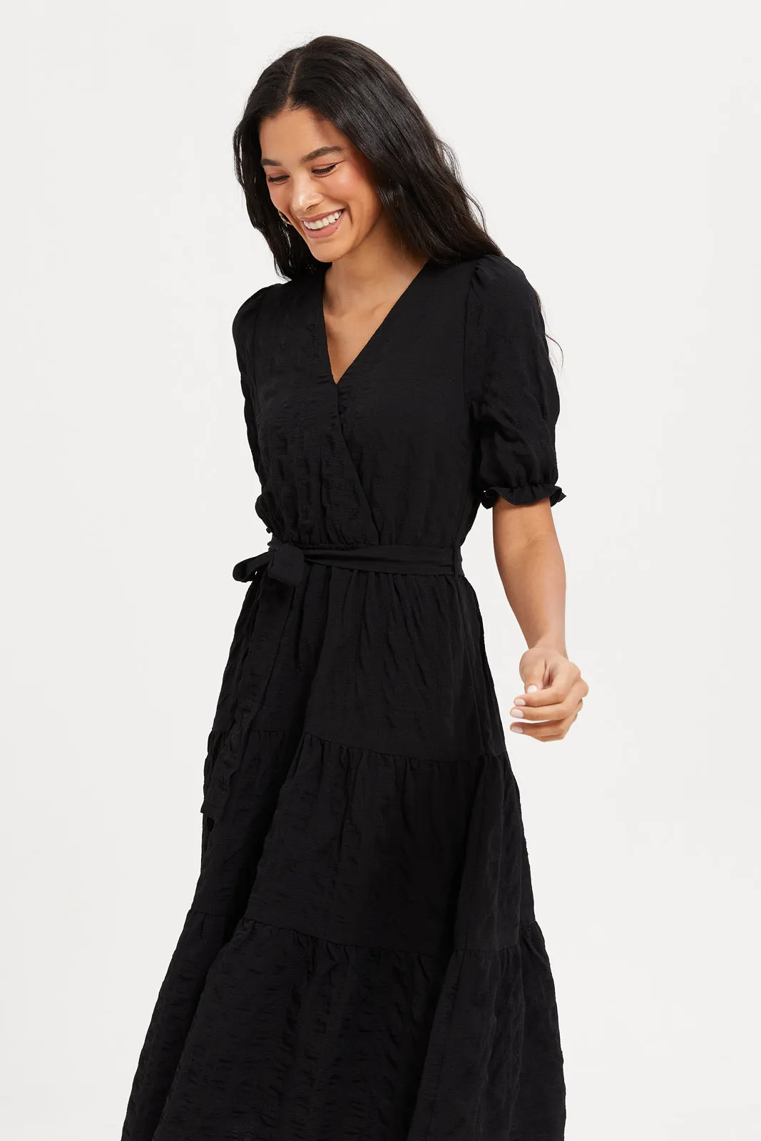 Women Black Puff Sleeves Tiered Dress