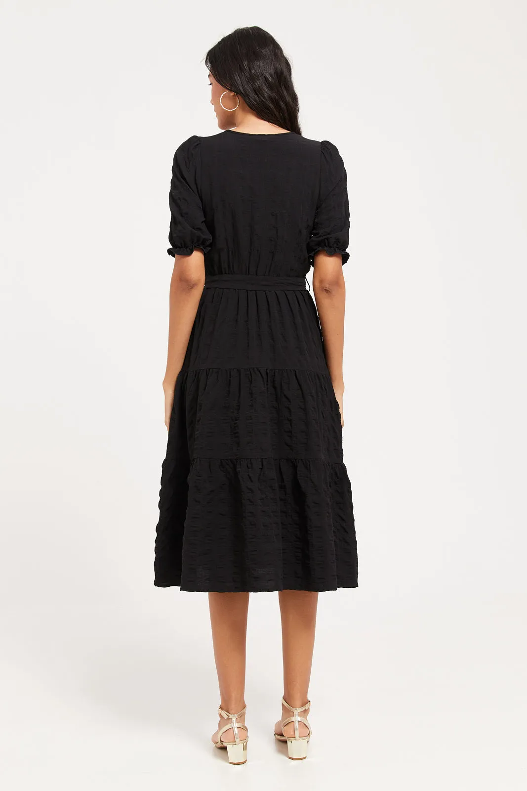 Women Black Puff Sleeves Tiered Dress