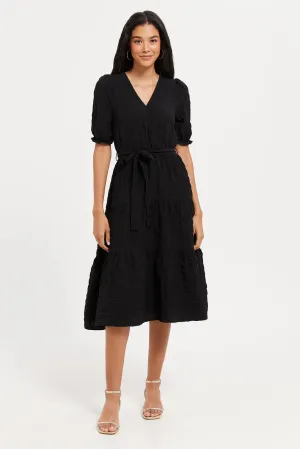 Women Black Puff Sleeves Tiered Dress